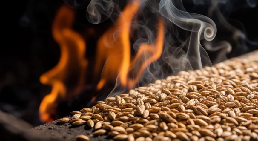 como se fabrica el whisky escoces, Cebada maltándose sobre fuego de turba en una destilería escocesa
