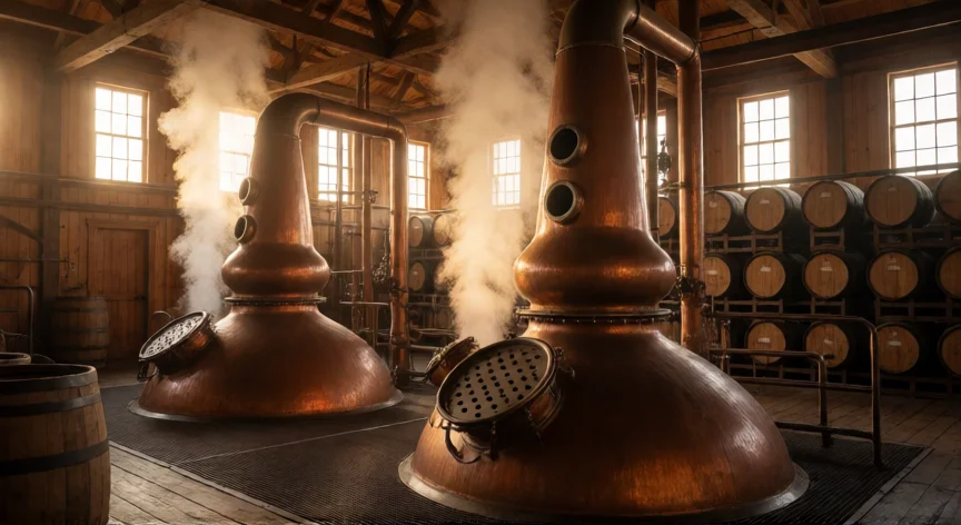 Alambiques de cobre y barricas de roble en una destilería de whisky estilo Tennessee