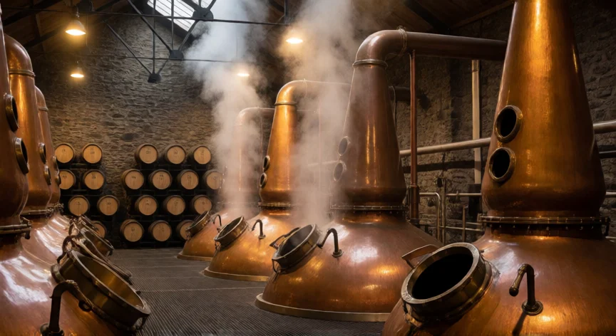 Interior de destilería escocesa con alambiques de cobre para la fabricación de whisky