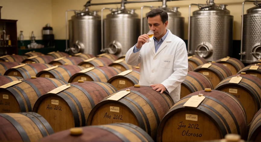 como se fabrica el whisky johnnie walker, Master blender degustando whisky en una sala de ensamblaje con barricas de roble