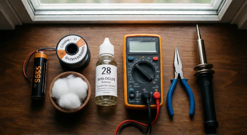 como se fabrica el wipe, Componentes para fabricación de wipe: batería, nichrome, algodón, e-liquid y herramientas sobre mesa de trabajo