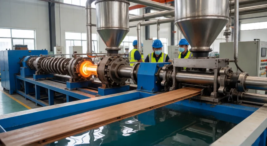 como se fabrica el wpc, Línea de extrusión industrial de WPC con perfil de tarima saliendo del baño de agua