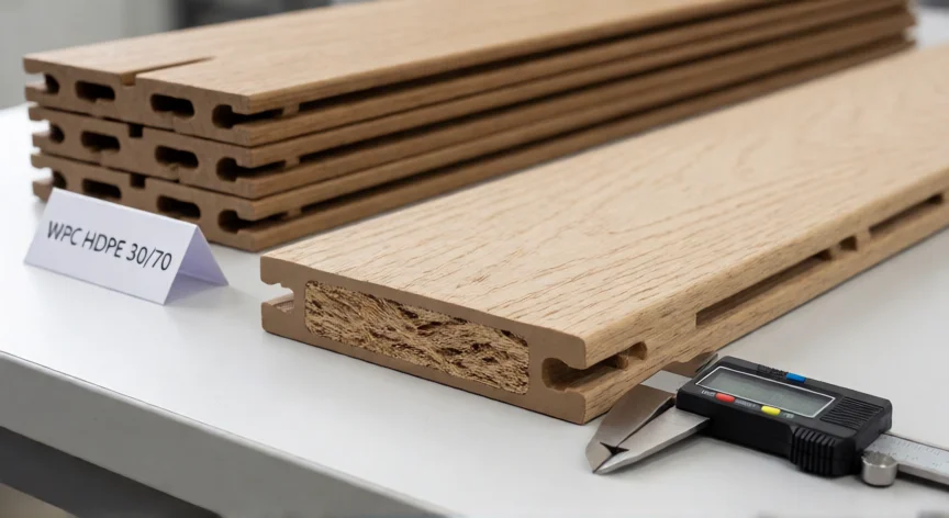como se fabrica el wpc, Corte transversal de una tabla WPC mostrando la mezcla de fibra de madera y polímero
