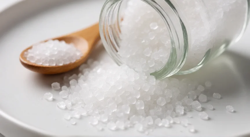 como se fabrica el xilitol, Cristales de xilitol blanco en primer plano sobre superficie cerámica