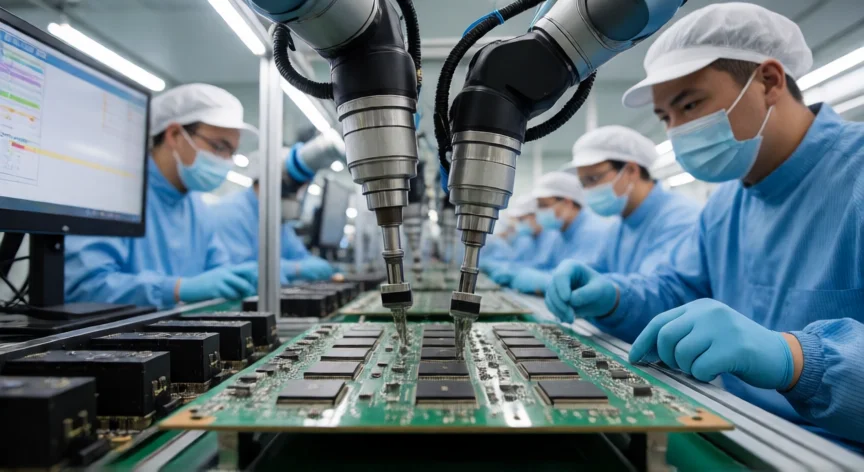 Línea de ensamblaje SMT con brazos robóticos colocando chips en una placa base en fábrica