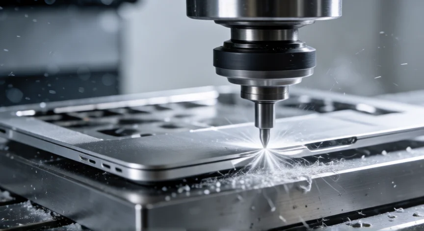 como se fabrica el xps, Máquina CNC mecanizando un chasis de aluminio para portátil con bordes ultrafinos