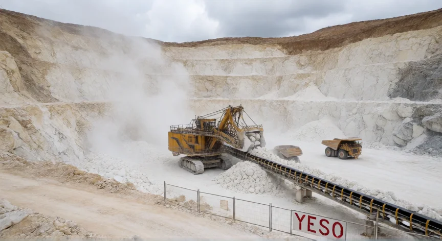 como se fabrica el yeso, Cantera de extracción de yeso mineral con maquinaria pesada y camiones