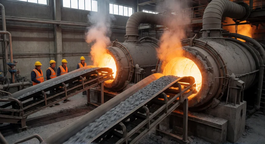 como se fabrica el zinc, Interior de una planta de fundición de zinc con hornos rotatorios de tostación
