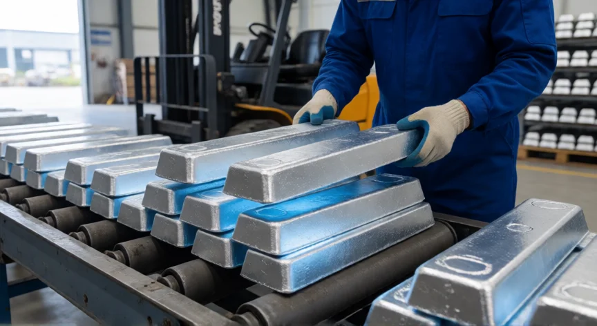 como se fabrica el zinc, Barras de zinc recién fundidas apiladas en una planta de fundición