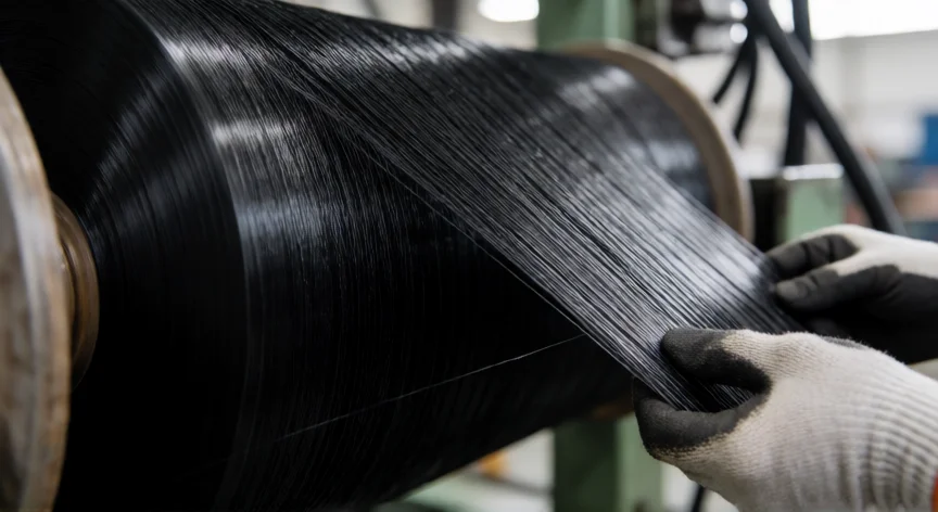 como se fabrica fibra de carbono, Roving de fibra de carbono enrollándose en un bobina industrial en la fase final de producción.
