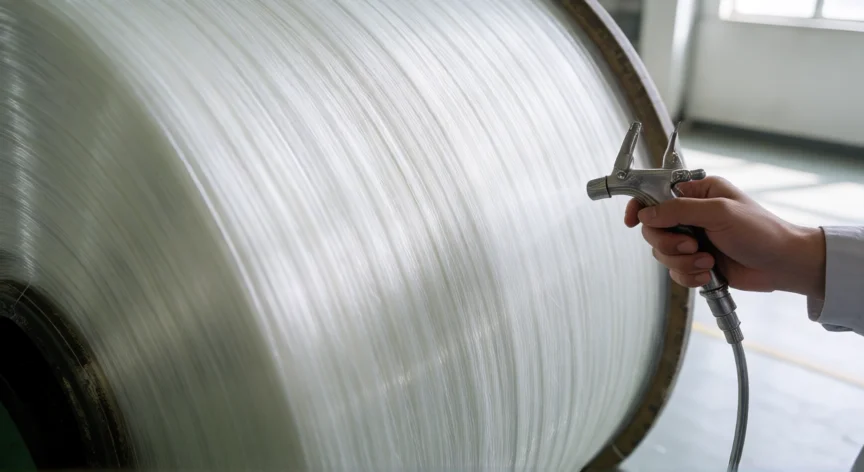 como se fabrica fibra de vidrio, Carrete industrial con roving de fibra de vidrio recibiendo aplicación de sizing en planta de producción