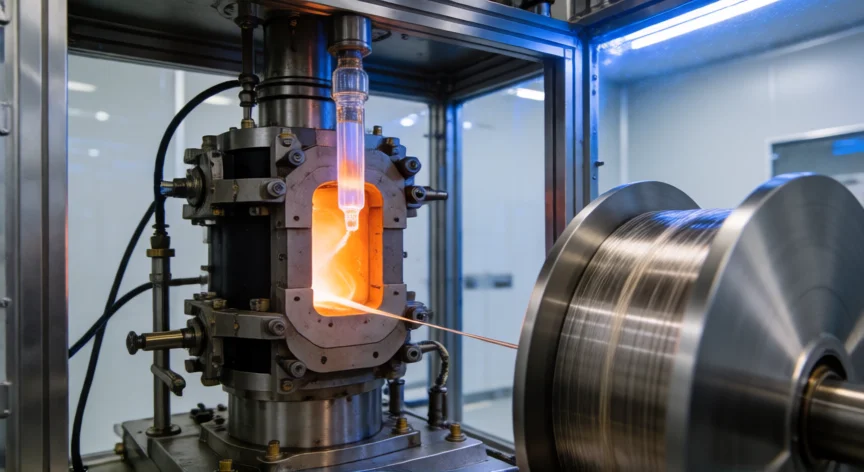 como se fabrica fibra optica, Torre de tracción de fibra óptica con preforma en horno de hidrógeno y bobina de recubrimiento