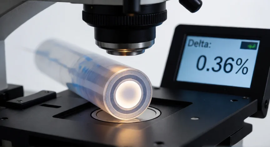 como se fabrica fibra optica, Sección transversal de fibra óptica monomodo bajo microscopio con perfil de índice