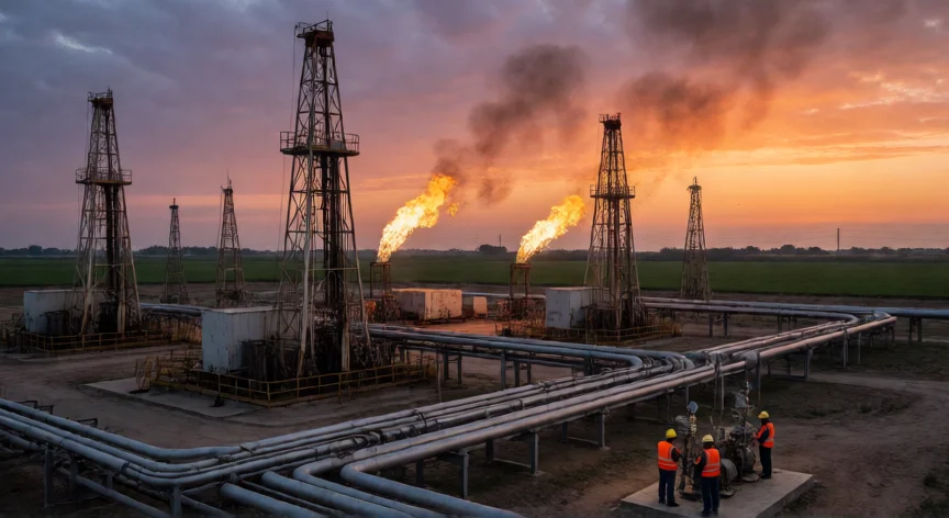 como se fabrica gas, Instalación de extracción de gas natural con torres de perforación y oleoductos al atardecer