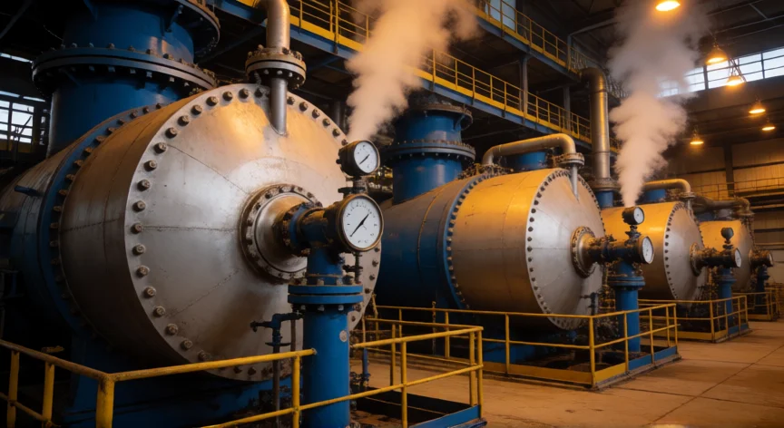 como se fabrica gas, Interior de una planta industrial de gasificación con reactores y tuberías de presión