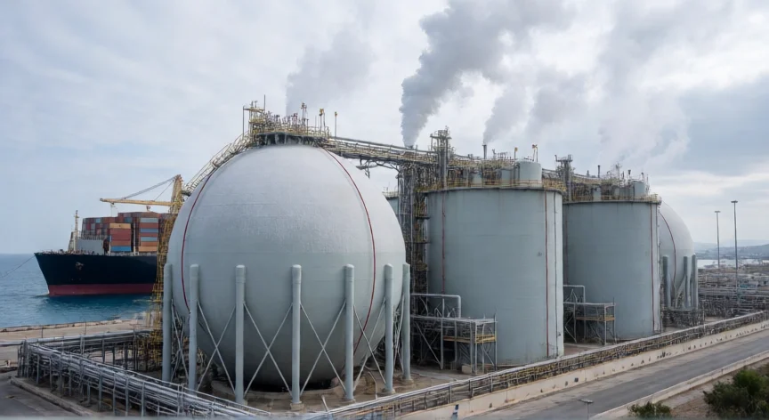 como se fabrica gas natural, Terminal de regasificación de GNL con tanques criogénicos en un puerto costero