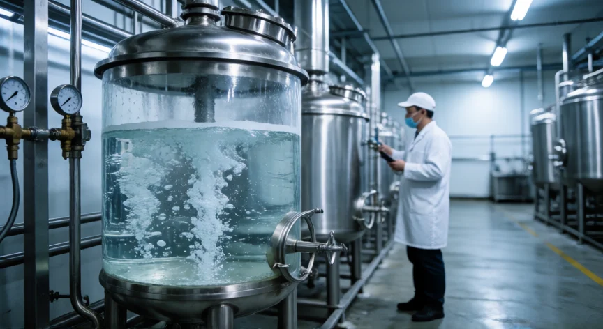 como se fabrica gaseosa, Tanque de carbonatación industrial con CO2 disolviéndose en agua en una planta de producción de gaseosas