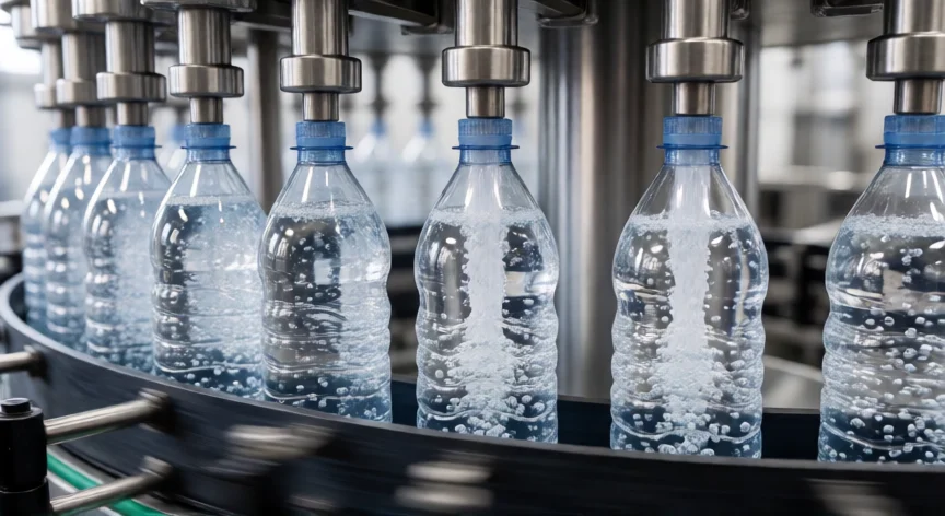 como se fabrica gaseosa, Línea de envasado automático de gaseosas con botellas PET llenándose de agua con gas en una fábrica