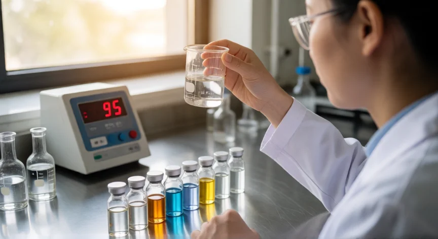 como se fabrica gasolina, Técnico de laboratorio analizando muestras de gasolina en un entorno de control de calidad