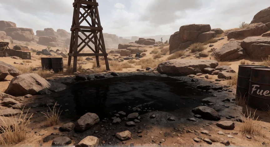 como se fabrica gasolina en ark, Laguna de petróleo en el desierto con barriles de fuel y estructura de perforación