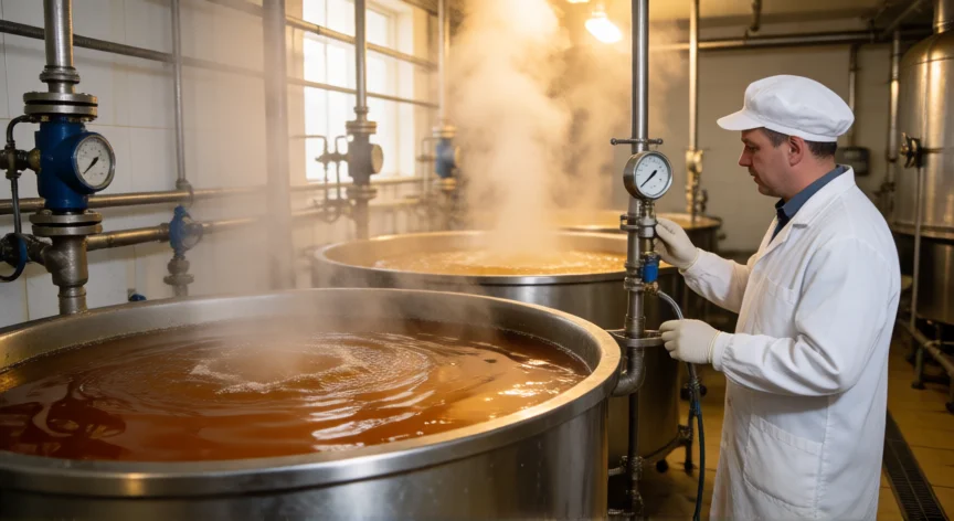 cómo se fabrica gelatina, Planta industrial fabricando gelatina con depósitos de cocción de colágeno