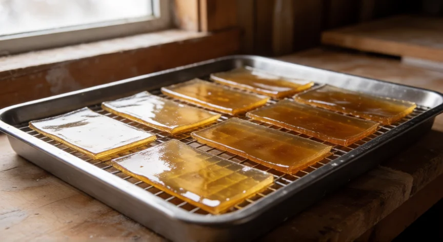 cómo se fabrica gelatina, Láminas de gelatina recién cortadas en bandeja de secado industrial