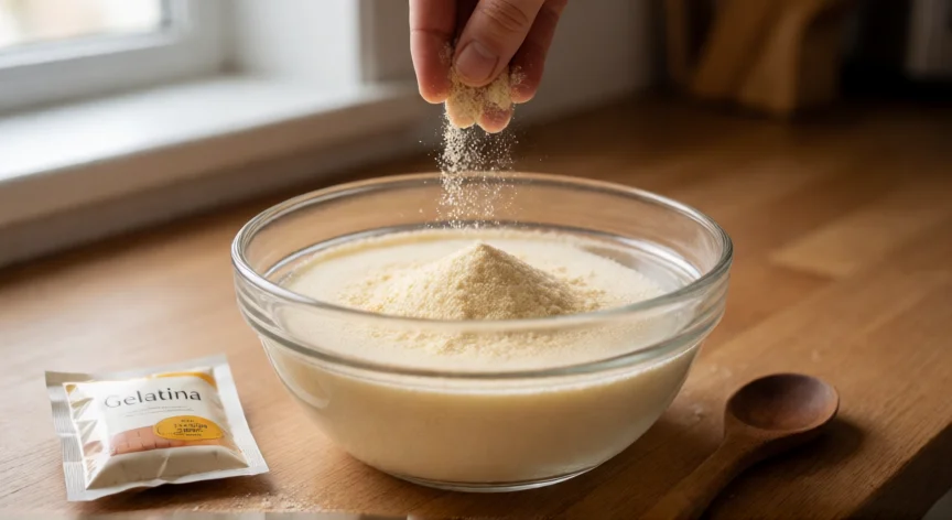 como se fabrica gelatina sin sabor, Proceso de hidratación o blooming de gelatina sin sabor en polvo sobre agua fría