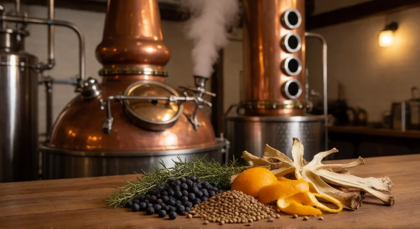 como se fabrica gin, Alambique de cobre destilando gin con botánicos de enebro y cítricos