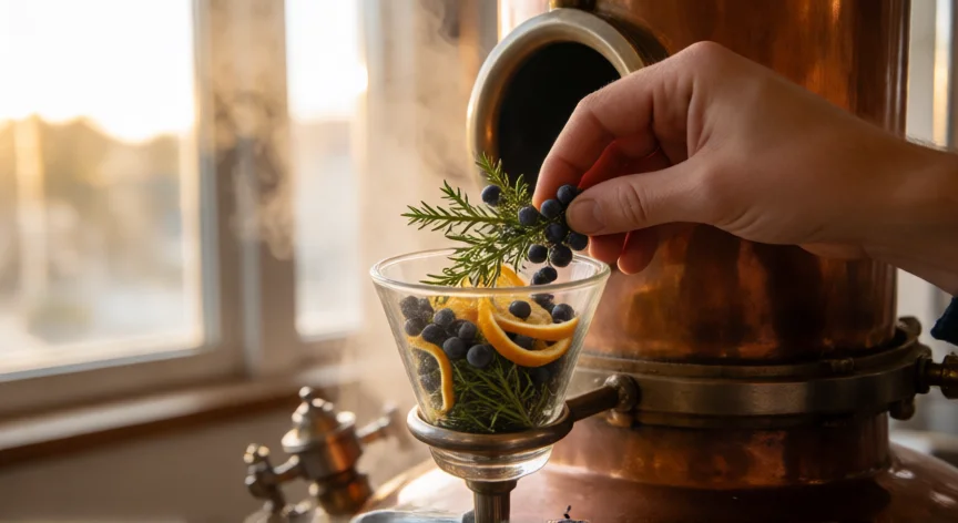 como se fabrica gin, Botánicos de enebro y cítricos en cesta de destilación de columna