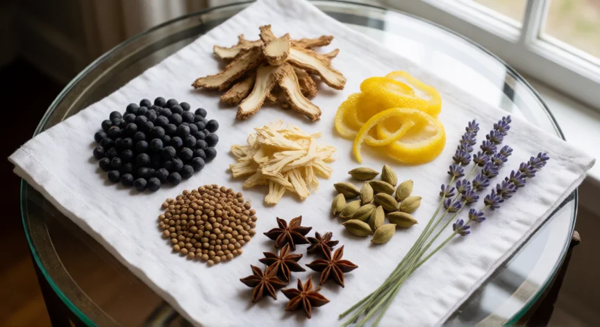 como se fabrica ginebra, Botanicals de ginebra: bayas de enebro, cilantro, angélica y cítricos sobre lino blanco