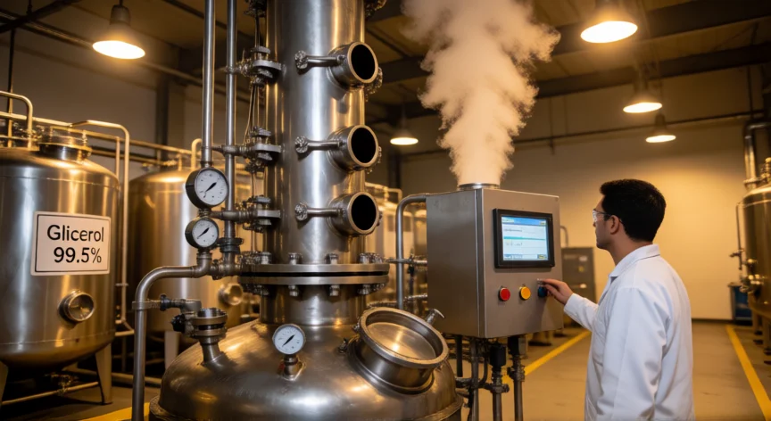 como se fabrica glicerina, Columna de destilación industrial de glicerina en planta química
