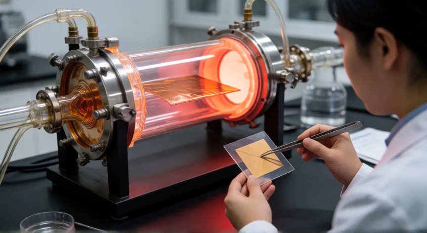como se fabrica grafeno, Reactor CVD en laboratorio para crecimiento de grafeno sobre lámina de cobre