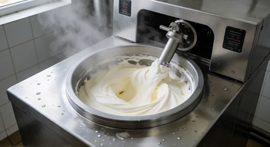 como se fabrica helado, Máquina batidora industrial de helado en proceso de congelación con mezcla cremosa
