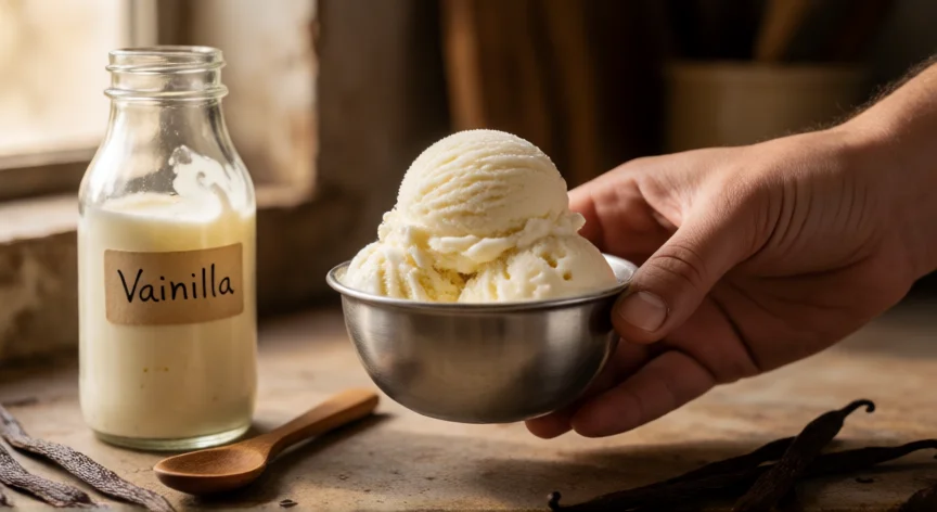 como se fabrica helado, Bol de helado de vainilla recién batido junto a vainas de vainilla y cuchara de madera