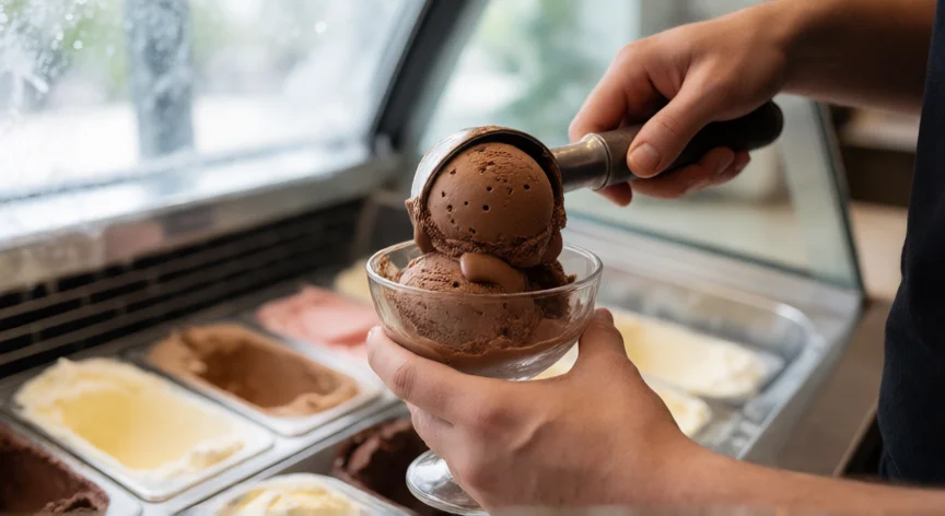 como se fabrica helado artesanal, Heladero sirviendo una bola de helado artesanal de chocolate con textura cremosa