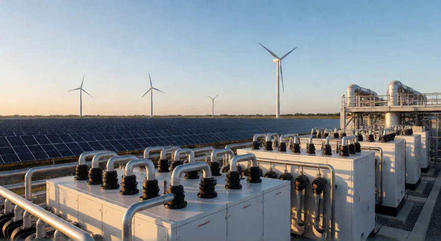 como se fabrica hidrogeno verde, Planta industrial de hidrógeno verde con electrolizadores y campo fotovoltaico de fondo