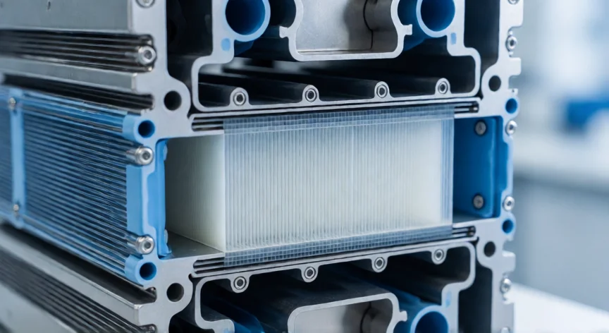 como se fabrica hidrogeno verde, Corte transversal de un electrolizador PEM mostrando membrana y placas