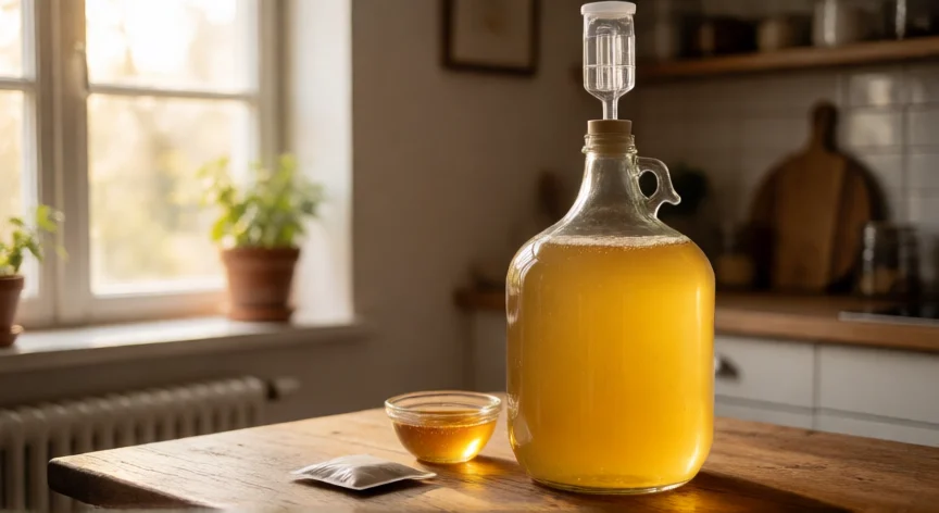 como se fabrica hidromiel, Proceso de fermentación de hidromiel en garrafa de vidrio con miel y levadura
