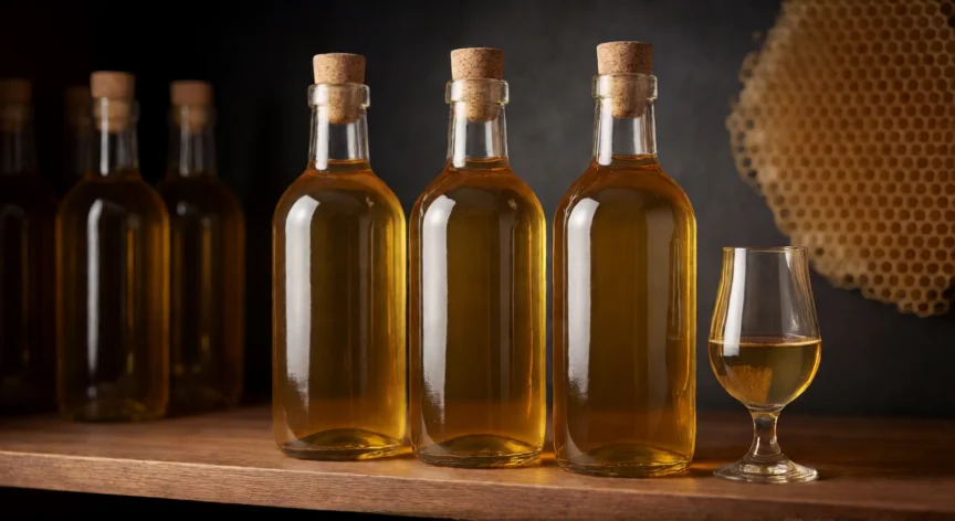 como se fabrica hidromiel, Botellas de hidromiel embotellada lista para degustación con copa de prueba