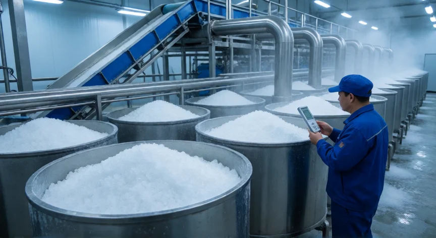 como se fabrica hielo, Instalación industrial de fabricación de hielo en escamas con tanques de congelación.
