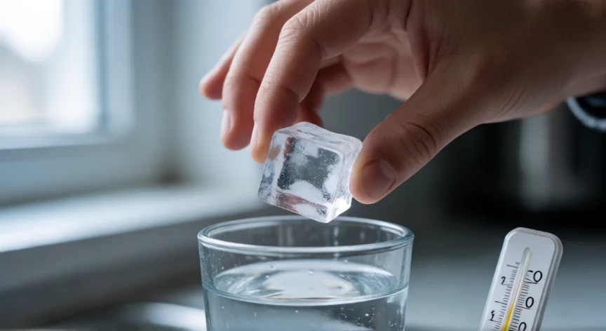como se fabrica hielo, Cubo de hielo transparente sostenido sobre un vaso, técnica de congelación direccional.