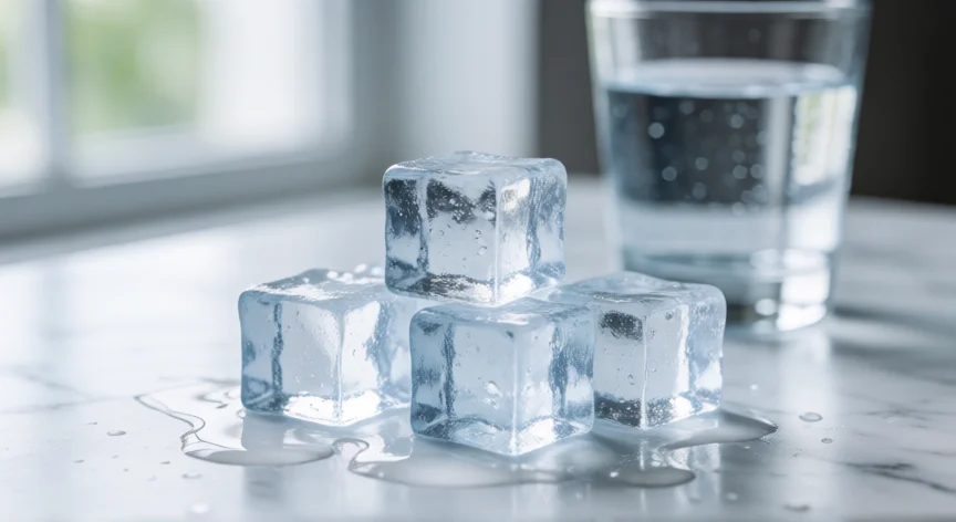 como se fabrica hielo en cubitos, Cubitos de hielo cristalino y transparente sobre superficie de mármol blanco