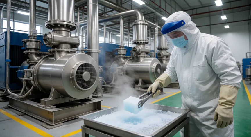 Trabajador manipulando un bloque de hielo seco en planta industrial con protección criogénica