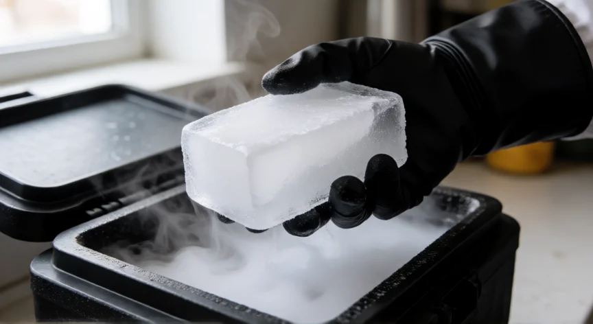 como se fabrica hielo seco, Bloque de hielo seco con vapor frío siendo sostenido con guantes criogénicos sobre un contenedor isotérmico
