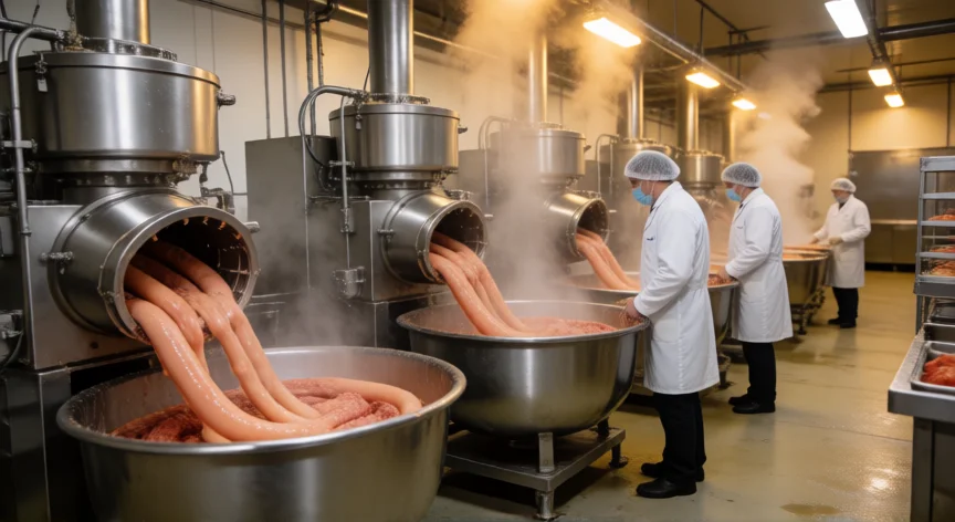 cómo se fabrica hot dog, Línea de producción industrial de hot dogs con máquinas de emulsión y moldeo en una planta de salchichería