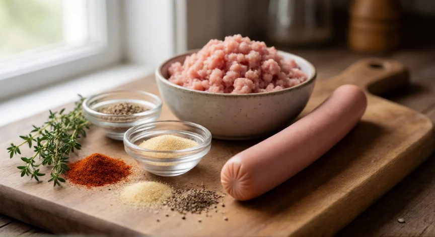 cómo se fabrica hot dog, Ingredientes para fabricar hot dog artesanal: carne molida, especias y una salchicha sobre tabla de madera