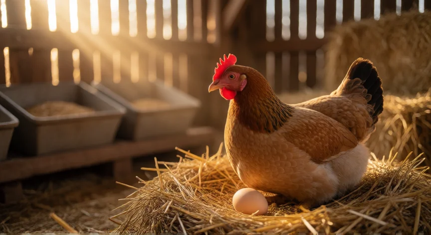 como se fabrica huevo, Gallina poniendo un huevo en un nido de paja con luz matinal