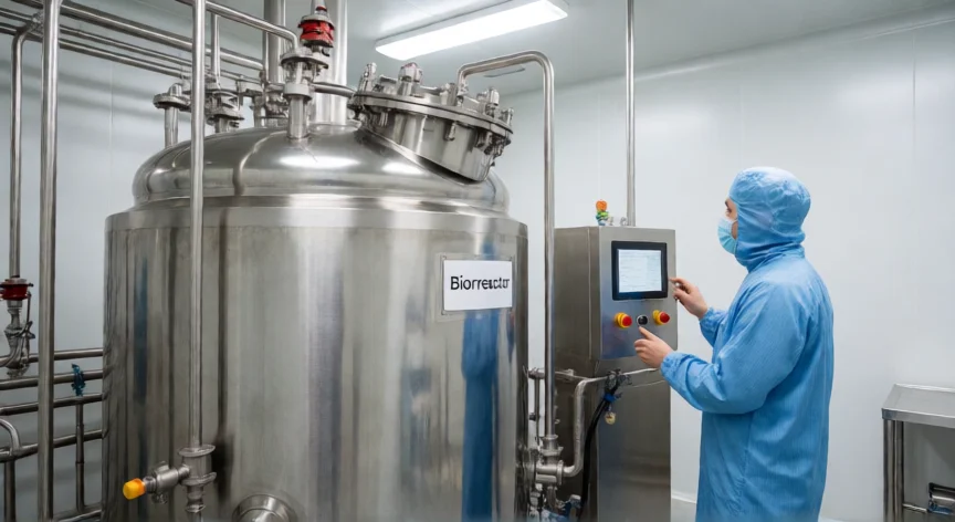 como se fabrica insulina, Biorreactor industrial de acero inoxidable en planta farmacéutica para fermentación de insulina