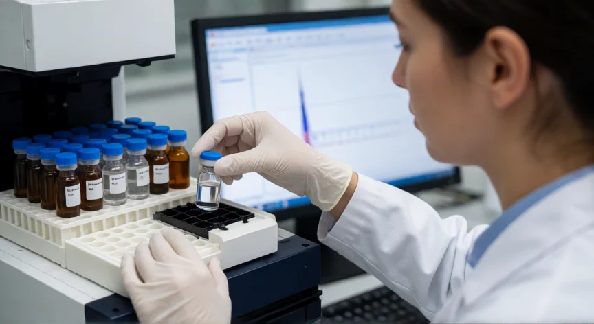 como se fabrica insulina humana, Científica analizando pureza de insulina con cromatografía HPLC