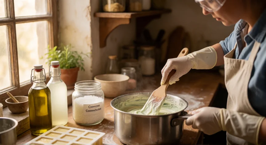 cómo se fabrica jabón, Persona batiendo masa de jabón artesanal en una olla de acero con aceites y sosa al fondo